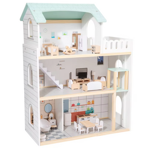3-Tier Wooden Dollhouse with Furniture – Large Pretend Play Miniature House for Kids