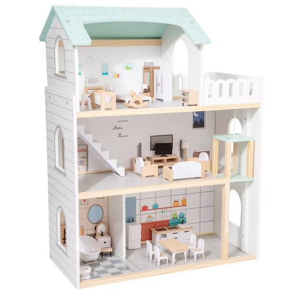 3-Tier Wooden Dollhouse with Furniture – Large Pretend Play Miniature House for Kids