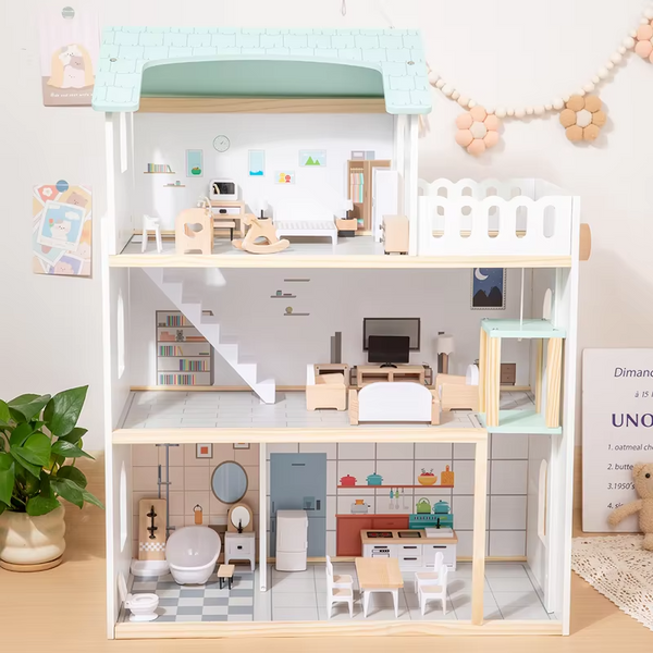 3-Tier Wooden Dollhouse with Furniture – Large Pretend Play Miniature House for Kids