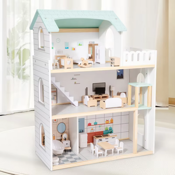 3-Tier Wooden Dollhouse with Furniture – Large Pretend Play Miniature House for Kids