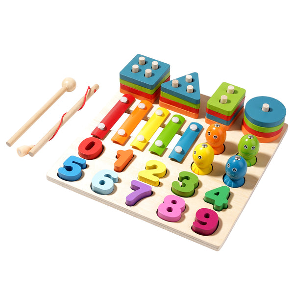 4-in-1 Montessori Wooden Learning Toy Set – Shape Sorter, Fishing Game, Xylophone & Fruit Cutting Educational Busy Board for Kids (Ages 2–6)
