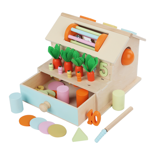 Wooden Shape Sorter House with Carrot Harvest Game – Educational Building Blocks & Fine Motor Skill Toy for Kids (Ages 1–6)