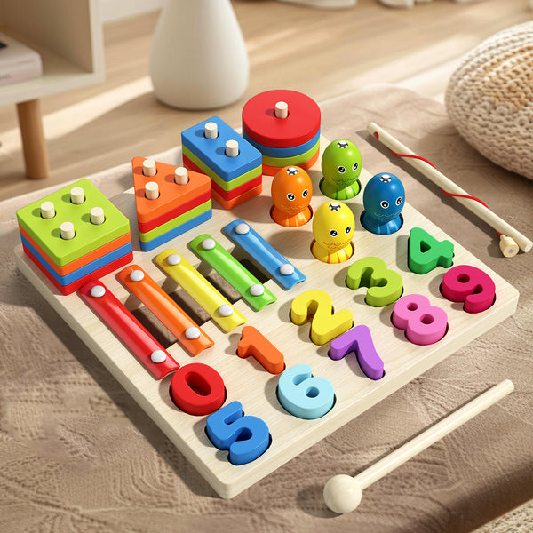 4-in-1 Montessori Wooden Learning Toy Set – Shape Sorter, Fishing Game, Xylophone & Fruit Cutting Educational Busy Board for Kids (Ages 2–6)
