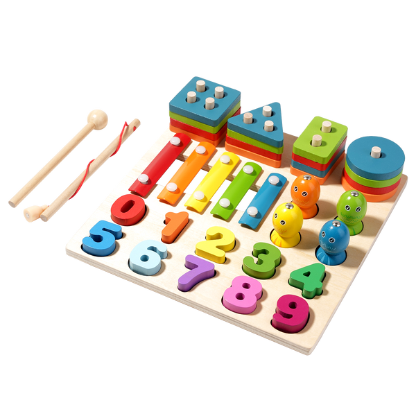 4-in-1 Montessori Wooden Learning Toy Set – Shape Sorter, Fishing Game, Xylophone & Fruit Cutting Educational Busy Board for Kids (Ages 2–6)